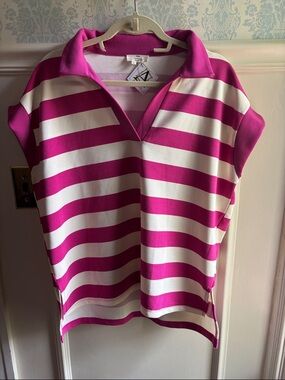 Striped Pink and White Polo-Style Women’s Top- Large oversized.